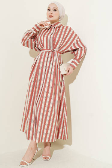 Bel Pensli DÜğmeli Dik Çizgili Elbise Kiremit - Elbise