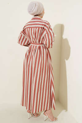 Bel Pensli DÜğmeli Dik Çizgili Elbise Kiremit - Elbise