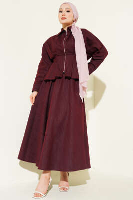 Bel Pensli Fermuarlı Etekli Kot İkili Takım Bordo - İkili Takım