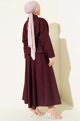 Bel Pensli Fermuarlı Etekli Kot İkili Takım Bordo - İkili Takım