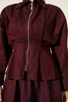 Bel Pensli Fermuarlı Etekli Kot İkili Takım Bordo - İkili Takım