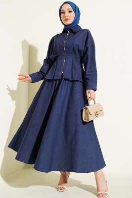 Bel Pensli Fermuarlı Etekli Kot İkili Takım İndigo - HATUN