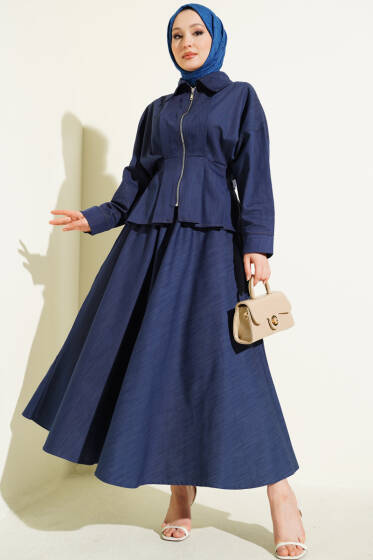 Bel Pensli Fermuarlı Etekli Kot İkili Takım İndigo - İkili Takım
