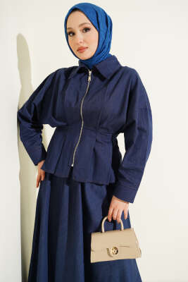 Bel Pensli Fermuarlı Etekli Kot İkili Takım İndigo - İkili Takım