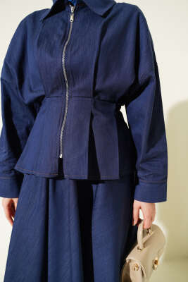 Bel Pensli Fermuarlı Etekli Kot İkili Takım İndigo - İkili Takım