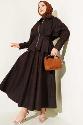 Bel Pensli Fermuarlı Etekli Kot İkili Takım Kahve - HATUN
