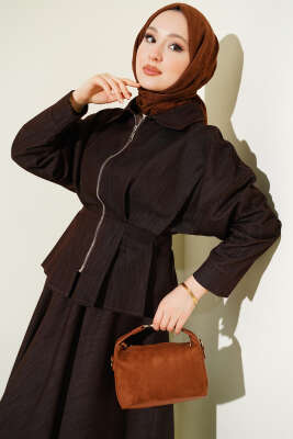 Bel Pensli Fermuarlı Etekli Kot İkili Takım Kahve - HATUN