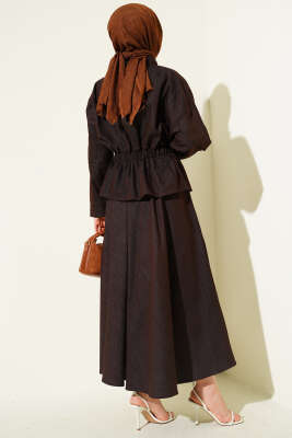 Bel Pensli Fermuarlı Etekli Kot İkili Takım Kahve - İkili Takım