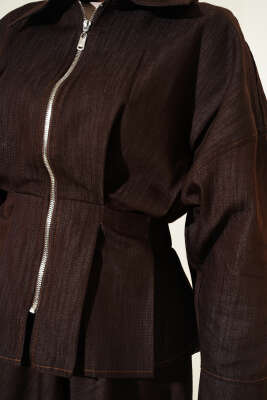 Bel Pensli Fermuarlı Etekli Kot İkili Takım Kahve - İkili Takım