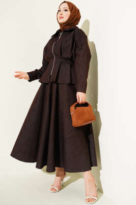 Bel Pensli Fermuarlı Etekli Kot İkili Takım Kahve - HATUN