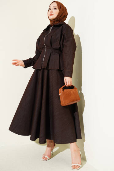 Bel Pensli Fermuarlı Etekli Kot İkili Takım Kahve - İkili Takım