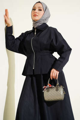 Bel Pensli Fermuarlı Etekli Kot İkili Takım Lacivert - HATUN