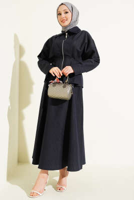 Bel Pensli Fermuarlı Etekli Kot İkili Takım Lacivert - İkili Takım