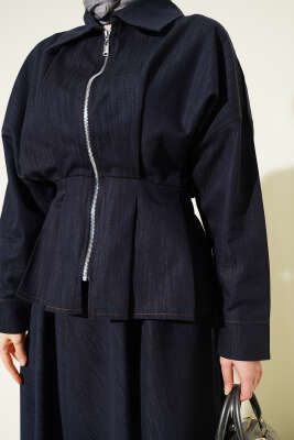 Bel Pensli Fermuarlı Etekli Kot İkili Takım Lacivert - İkili Takım