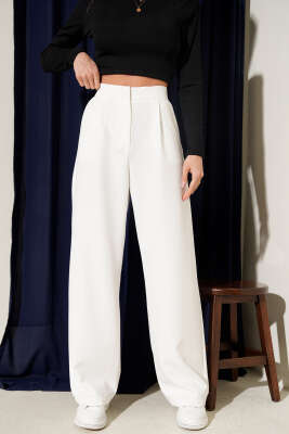 Bel Pensli Geniş Paça Pantolon Ekru - Kadın Giyim Modelleri