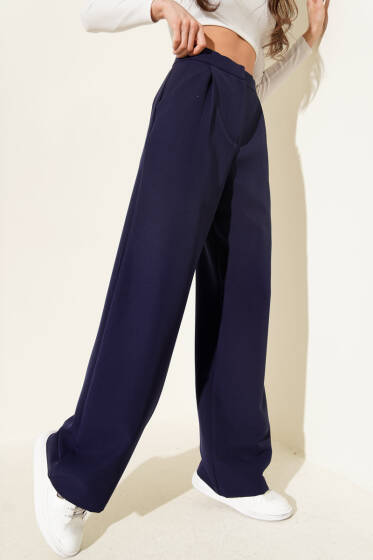 Bel Pensli Geniş Paça Pantolon Lacivert - Kadın Giyim Modelleri