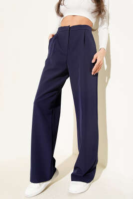 Bel Pensli Geniş Paça Pantolon Lacivert - Kadın Giyim Modelleri