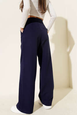 Bel Pensli Geniş Paça Pantolon Lacivert - Kadın Giyim Modelleri