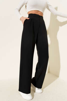 Bel Pensli Geniş Paça Pantolon Siyah - Kadın Giyim Modelleri
