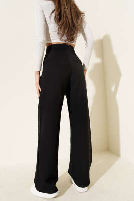 Bel Pensli Geniş Paça Pantolon Siyah - Kadın Giyim Modelleri