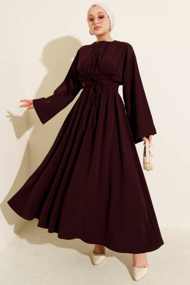 Bel Pensli İp Kuşaklı Elbise Bordo - Elbise