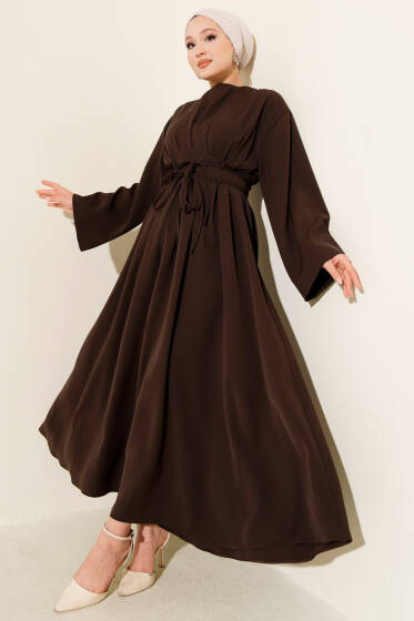 Bel Pensli İp Kuşaklı Elbise Kahve - Elbise