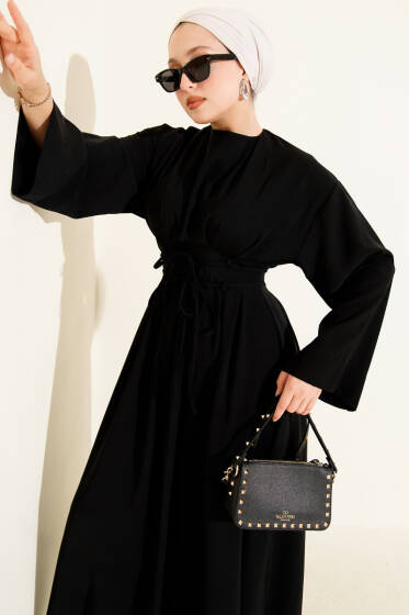Bel Pensli İp Kuşaklı Elbise Siyah - Elbise