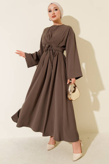 Bel Pensli İp Kuşaklı Elbise Vizon - Elbise