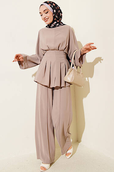 Bel Pensli Kendinden Kuşaklı Takım Bej - İkili Takım