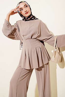 Bel Pensli Kendinden Kuşaklı Takım Bej - İkili Takım