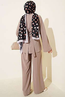 Bel Pensli Kendinden Kuşaklı Takım Bej - İkili Takım