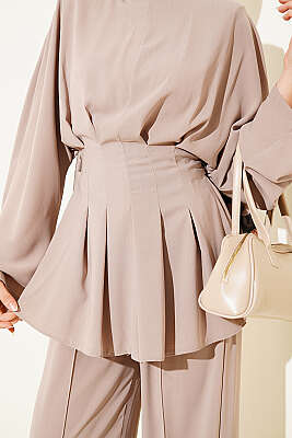 Bel Pensli Kendinden Kuşaklı Takım Bej - İkili Takım