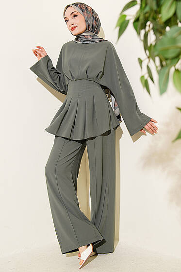 Bel Pensli Kendinden Kuşaklı Takım Haki - İkili Takım