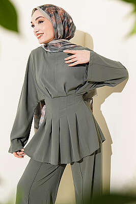 Bel Pensli Kendinden Kuşaklı Takım Haki - İkili Takım