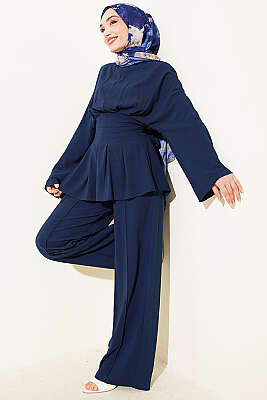 Bel Pensli Kendinden Kuşaklı Takım Lacivert - MD TREND