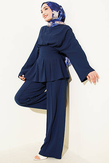 Bel Pensli Kendinden Kuşaklı Takım Lacivert - İkili Takım