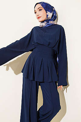 Bel Pensli Kendinden Kuşaklı Takım Lacivert - İkili Takım