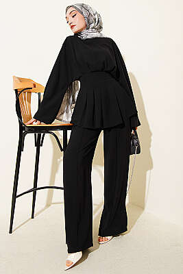 Bel Pensli Kendinden Kuşaklı Takım Siyah - MD TREND