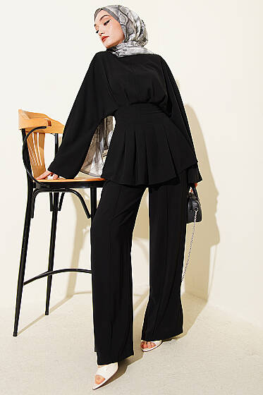 Bel Pensli Kendinden Kuşaklı Takım Siyah - İkili Takım