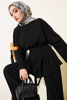 Bel Pensli Kendinden Kuşaklı Takım Siyah - İkili Takım