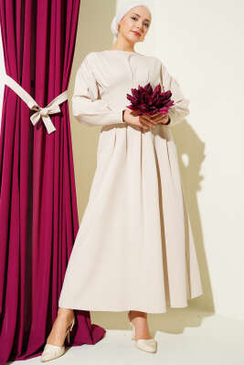 Bel Pensli Kuşaklı Dabıl Elbise Bej - Elbise