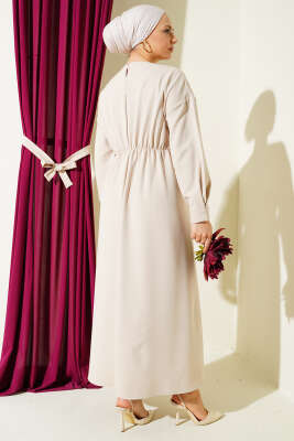 Bel Pensli Kuşaklı Dabıl Elbise Bej - Elbise