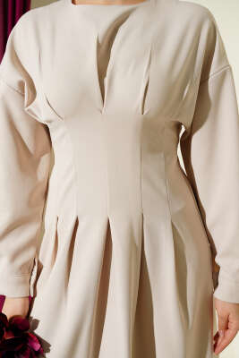 Bel Pensli Kuşaklı Dabıl Elbise Bej - Elbise