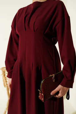 Bel Pensli Kuşaklı Dabıl Elbise Bordo - 700-1000 TL Ürünler