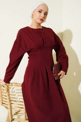 Bel Pensli Kuşaklı Dabıl Elbise Bordo - Elbise