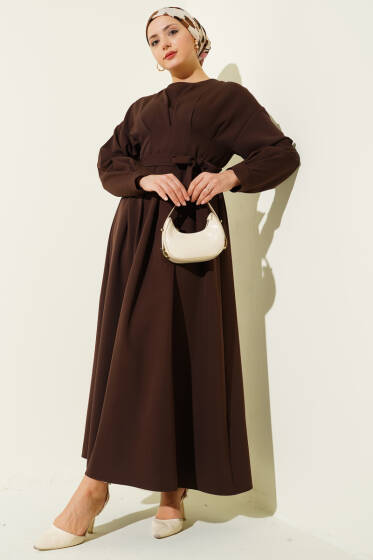 Bel Pensli Kuşaklı Dabıl Elbise Kahve - Elbise