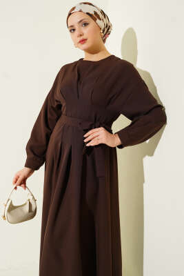 Bel Pensli Kuşaklı Dabıl Elbise Kahve - Elbise