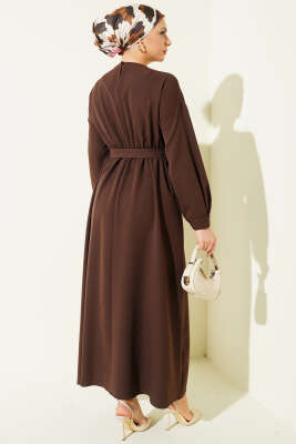 Bel Pensli Kuşaklı Dabıl Elbise Kahve - Elbise