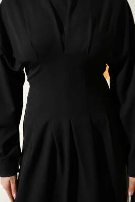 Bel Pensli Kuşaklı Dabıl Elbise Siyah - Elbise