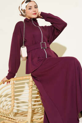 Bel Pensli Kuşaklı Loyşa Etekli İkili Takım Bordo - İkili Takım